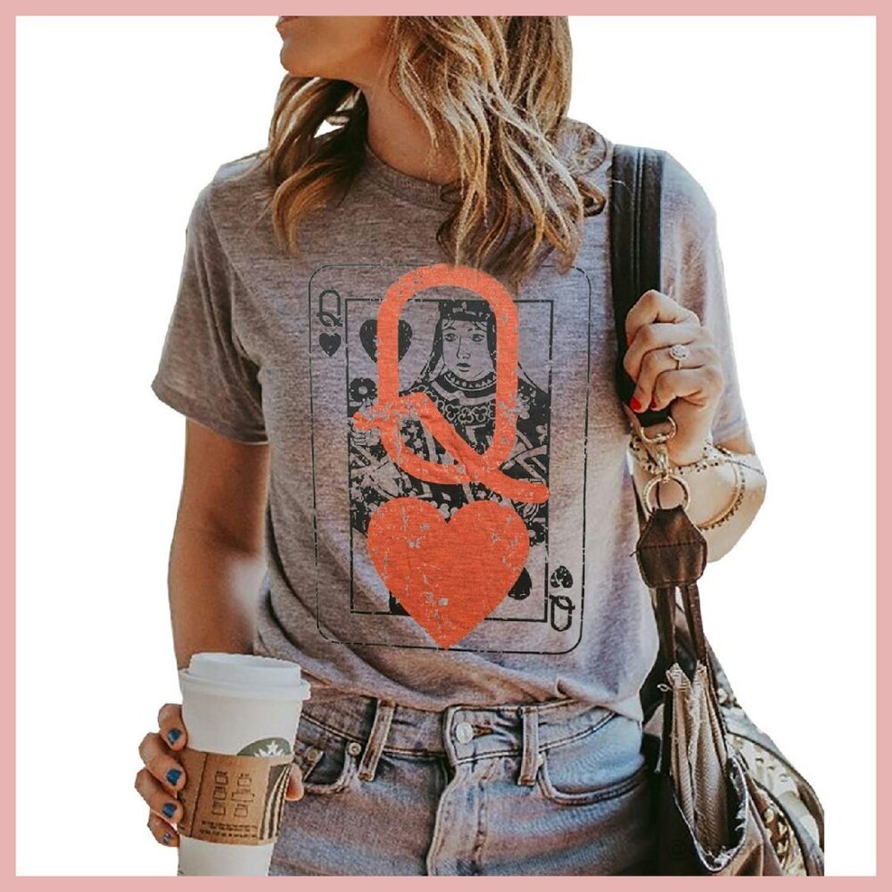 Vintage Q of Hearts Graphic Tee - Cotton Blend Short Sleeve Top